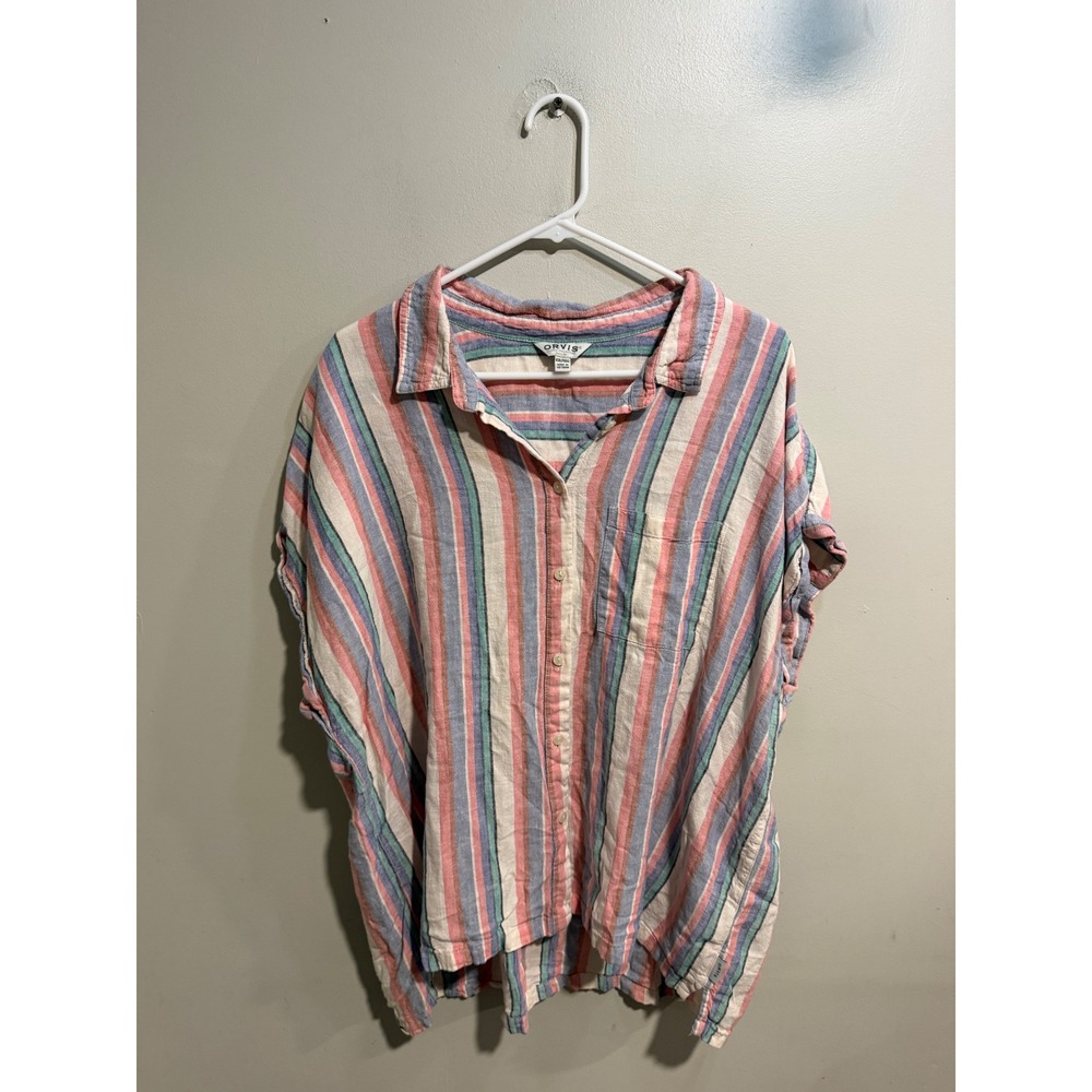 Orvis Classic Collection Linen Rayon Striped Button Down Shirt XXL Pink Blue